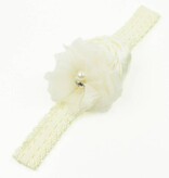 Baby kanten haarbandje met satijnen roos, tule bloem en voile (ivoor)
