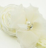 Baby kanten haarbandje met satijnen roos, tule bloem en voile (ivoor)