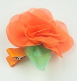 Baby haarspeldje met chiffon bloem en blaadje (oranje)