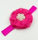 Baby haarbandje kanten bloem met parels (fuchsia)