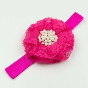 Baby haarbandje kanten bloem met parels (fuchsia)