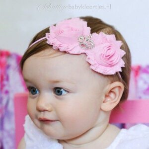 Baby haarbandje met shabby bloemen met kroon (lichtroze)