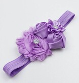 Baby haarbandje shabby/satijnen bloemen en strass lila