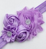 Baby haarbandje shabby/satijnen bloemen en strass lila