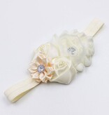 Baby haarbandje shabby/satijnen bloemen en strass ivoor