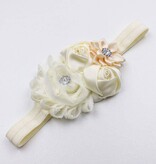 Baby haarbandje shabby/satijnen bloemen en strass ivoor