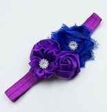 Baby haarbandje shabby/satijnen bloemen en strass paars/blauw