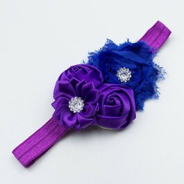 Haarbandje shabby/satijnen bloemen en strass (paars/blauw)
