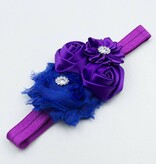 Baby haarbandje shabby/satijnen bloemen en strass paars/blauw