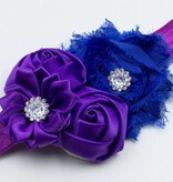 Baby haarbandje shabby/satijnen bloemen en strass paars/blauw