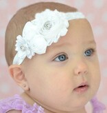 Baby haarbandje shabby/satijnen bloemen en strass paars/blauw