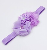 Baby haarbandje drie bloemen met parels en strass lila