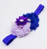 Baby haarbandje drie bloemen met parels en strass paars/blauw/lila