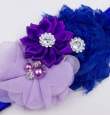 Baby haarbandje drie bloemen met parels en strass paars/blauw/lila