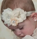 Baby haarbandje drie bloemen met parels en strass paars/blauw/lila