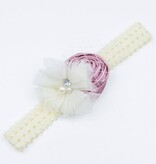 Baby kanten haarbandje met satijnen roos, tule bloem en voile (oudroze/ivoor)