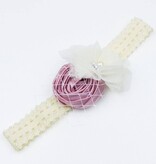 Baby kanten haarbandje met satijnen roos, tule bloem en voile (oudroze/ivoor)