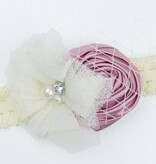 Baby kanten haarbandje met satijnen roos, tule bloem en voile (oudroze/ivoor)