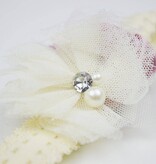 Baby kanten haarbandje met satijnen roos, tule bloem en voile (oudroze/ivoor)