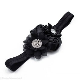 Haarbandje satijnen rozen en chiffon bloem (zwart)