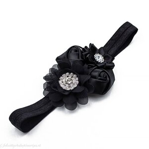 Baby haarbandje satijnen rozen en chiffon bloem (zwart)