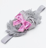 Baby haarbandje shabby/satijn/strik (grijs/lichtroze)