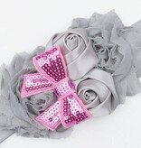 Baby haarbandje shabby/satijn/strik (grijs/lichtroze)