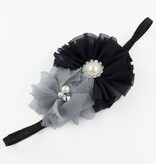 Baby haarbandje tule/chiffon met parels (grijs/zwart)
