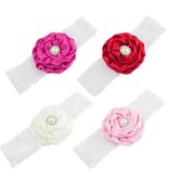 Baby haarbandje bloem met parel op kant (fuchsia)