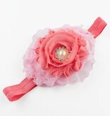 Baby haarbandje shabby bloemen op kant (lichtroze/koraal)