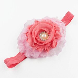 Baby haarbandje shabby bloemen op kant (lichtroze/koraal)