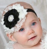 Baby haarbandje shabby bloemen op kant (lichtroze/koraal)