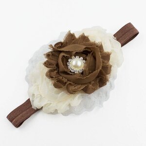 Baby haarbandje shabby bloemen op kant (bruin/ivoor)