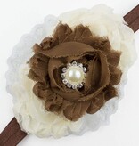 Baby haarbandje shabby bloemen op kant (bruin/ivoor)
