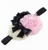 Baby haarbandje shabby bloemen met glitter strik (roze/ivoor/zwart)
