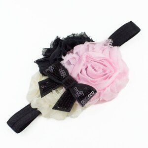 Baby haarbandje shabby bloemen met glitter strik (roze/ivoor/zwart)