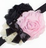 Baby haarbandje shabby bloemen met glitter strik (roze/ivoor/zwart)