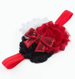 Baby haarbandje shabby bloemen met glitter strik (rood/zwart/wit)