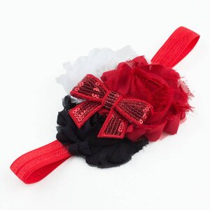 Baby haarbandje shabby bloemen met glitter strik (rood/zwart/wit)