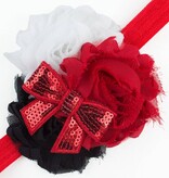 Baby haarbandje shabby bloemen met glitter strik (rood/zwart/wit)