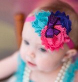 Baby haarbandje shabby bloemen met glitter strik (fuchsia/blauw/lila)