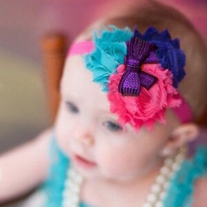 Baby haarbandje shabby bloemen met glitter strik (fuchsia/blauw/lila)
