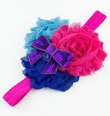 Baby haarbandje shabby bloemen met glitter strik (fuchsia/blauw/lila)