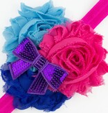 Baby haarbandje shabby bloemen met glitter strik (fuchsia/blauw/lila)