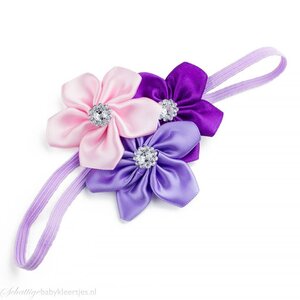 Baby haarbandje drie kleuren bloemen (lichtroze/paars/lila)