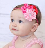 Baby haarbandje drie kleuren bloemen (lichtroze/fuchsia/rood)