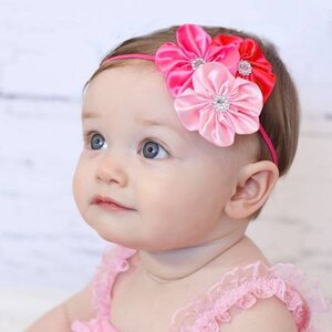 Baby haarbandje drie kleuren bloemen (lichtroze/fuchsia/rood)