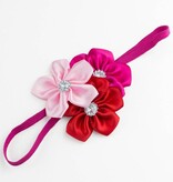 Baby haarbandje drie kleuren bloemen (lichtroze/fuchsia/rood)
