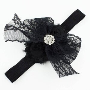 Baby haarbandje kanten strik met strass (zwart)