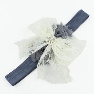 Baby haarbandje kanten strik met strass (ivoor/grijs)